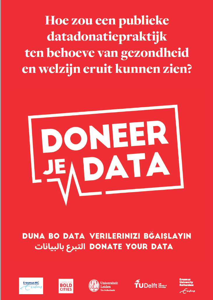 De cover van 'doneer je data'. Een rode ondergrond met in witte letters de tekst "hoe zou een publieke datadonatiepraktijk ten behoeve van gezondheid en welzijn eruit kunnen zien? Doneer je data'. 