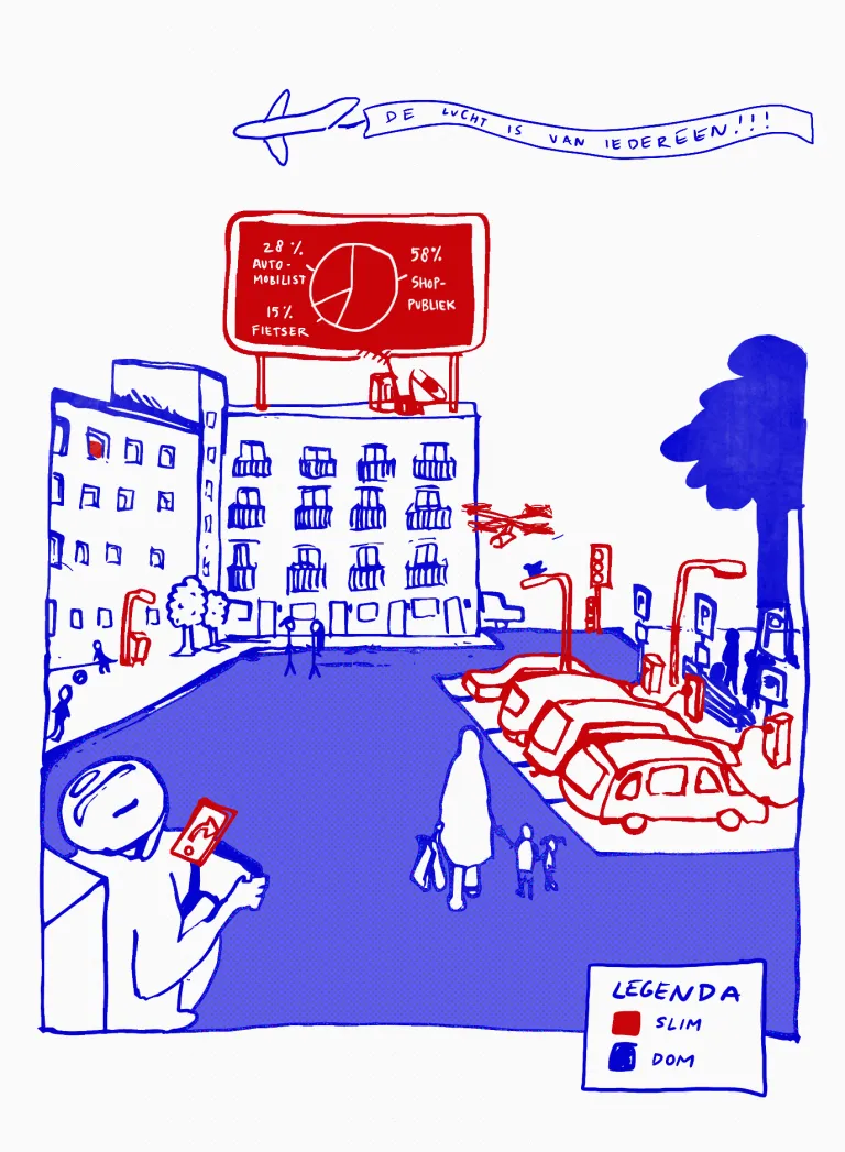 Drawing by Diede van Ommen of a city, mapped 'smart' and 'stupid'