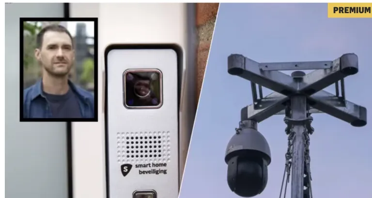 A screenshot of the image that acompanies the newspaper article. On the left, there is a picture of a man with dark hair. In the middle, a picture of a doorbellcamera and on the right of a security camera.
