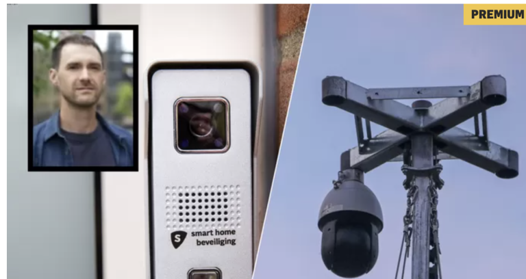 A screenshot of the image that acompanies the newspaper article. On the left, there is a picture of a man with dark hair. In the middle, a picture of a doorbellcamera and on the right of a security camera.