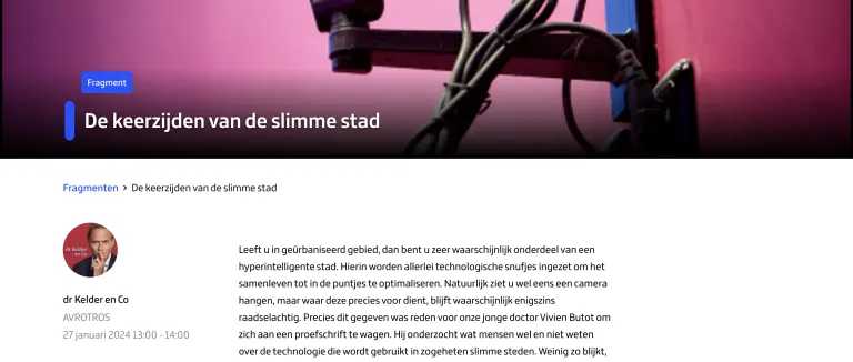 A screenshot of the webpage of the radio. The largest part of the image is white an contains text in black letters. At the top, a filmccamera is pictured on a pink background