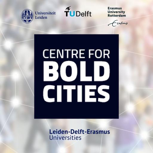 logo bold cities. A blurred colourful background with a dark blue square in the middle, with white letters that say "centre for bOLD Cities"