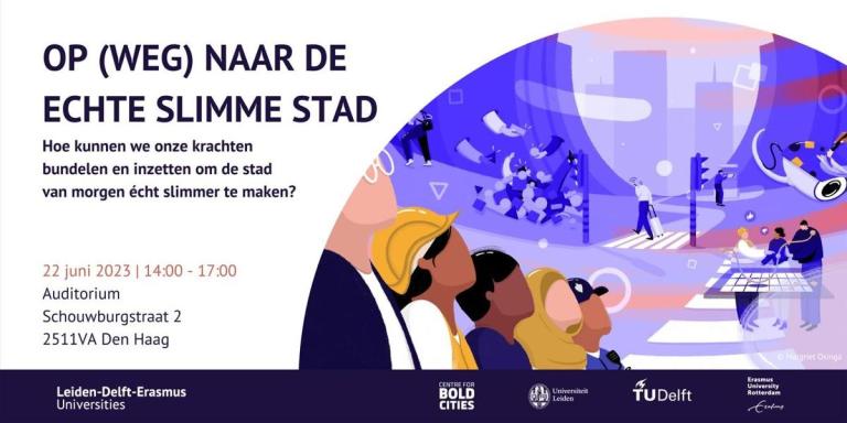 Banner: Op (weg) naar de echte slimme stad met illustratie van de slimme stad.