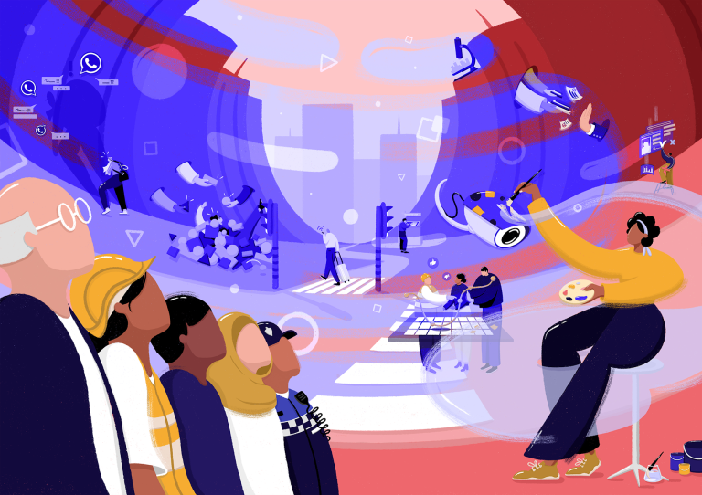 the main illustration of the white paper. On a purple, red, white and pink background, a group of people facing upwards is pictured. On the right a woman is pictured, 