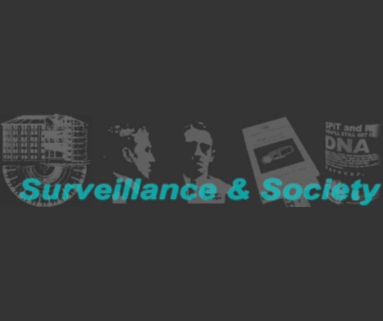 Text "Surveillance & Society" with in the background images of a building, two people and two report.