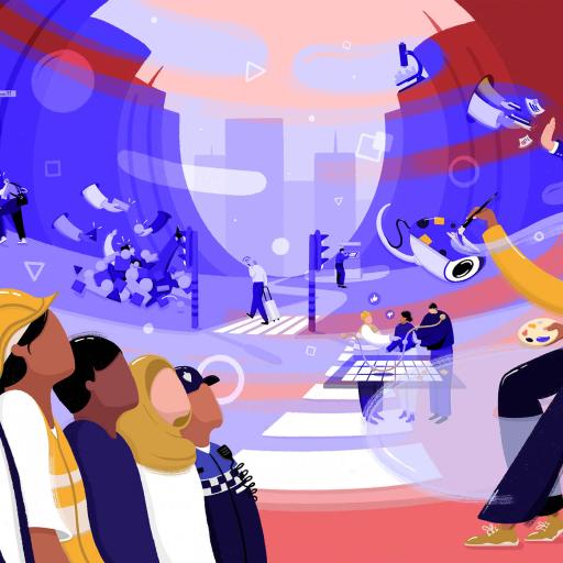 White paper illustration by Margriet Osinga. In front of a colourful background, a group of people looking up is pictured