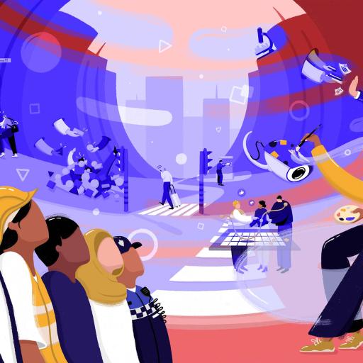 White paper illustration by Margriet Osinga. In front of a colourful background, a group of people looking up is pictured