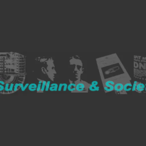 Text "Surveillance & Society" with in the background images of a building, two people and two report.