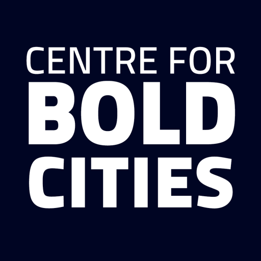 Centre for BOLD cities logo. A dark blue square with white letters that say 'centre for BOLD Cities'